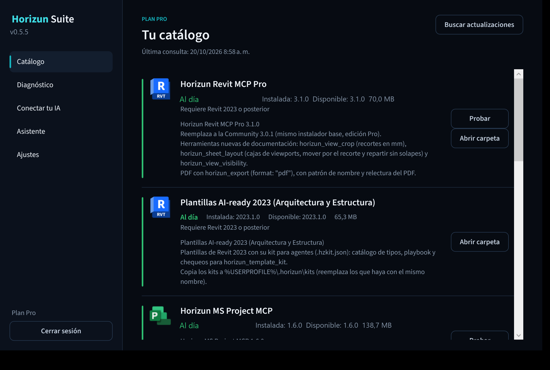 Catálogo de Horizun Suite 0.5.5 con productos al día