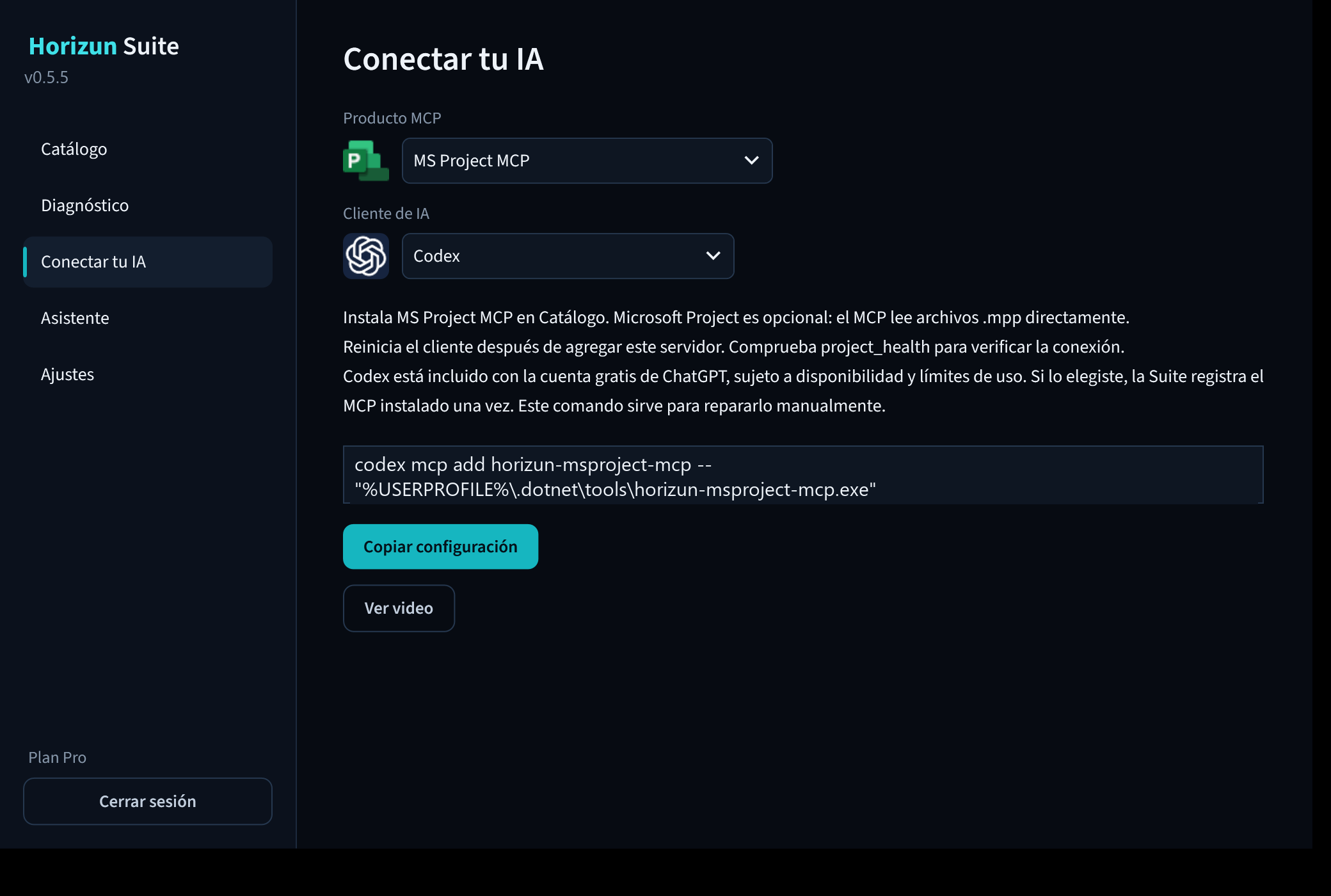 Pantalla Conectar tu IA de Horizun Suite 0.5.5 con ruta de demostración